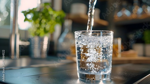 Water being poured into a glass on a kitchen counter, closeup. The water in the cup is sparkling and clear, clean and refreshing.
 photo