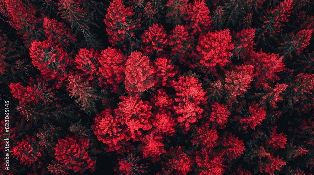 Aerial top view of red trees in forest. Drone view of dense red tree captures CO2. Red tree nature background for carbon neutrality and net zero emissions concept. Sustainable environment. Aerial top view of red trees in forest. Drone view of dense red tree captures CO2. Red tree nature background for carbon neutrality and net zero emissions concept. Sustainable environment.