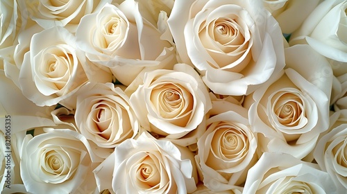 White roses background, white colored roses in the middle of the picture, a white colored rose bouquet, in the style of white color. 