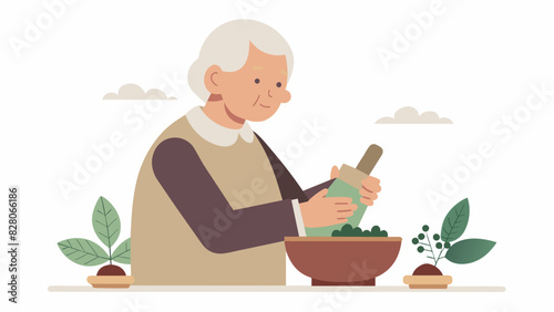A senior using a mortar and pestle to grind dried herbs into a fragrant herb blend perfect for adding to soups stews and sauces.. Vector illustration