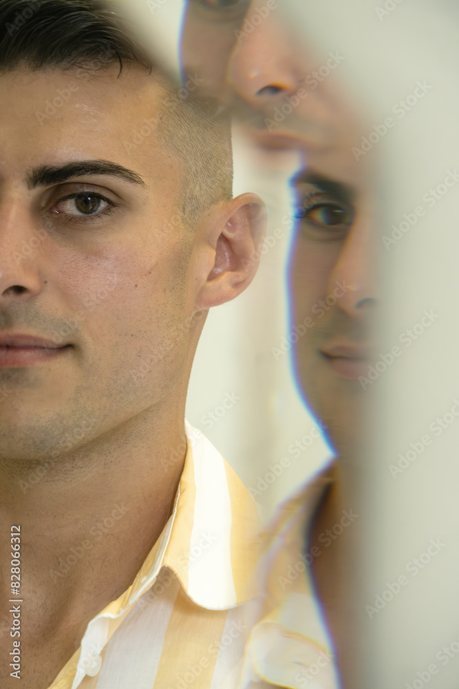 Fototapeta premium multiple mirror reflection portrait of sexy black haired male model