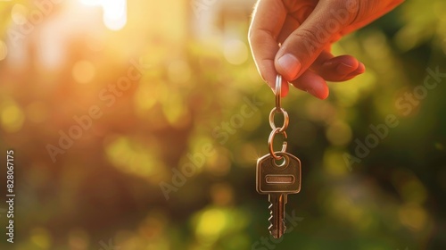 hand holding house key with blurred real estate background