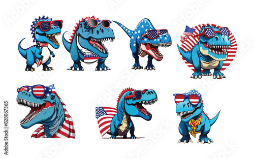 dinosaur with American flag and USA sunglasses independence day 4th of July and memorial day,Blue angry T Rex dinosaur photo
