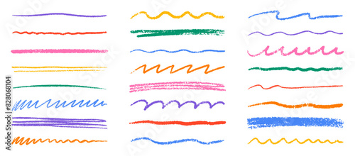 Chalk lines, charcoal highlight strokes doodle set. Pencil underlines, kids crayon strips, brush line in sketch style. Grunge texture. Hand drawn vector illustration isolated on white background