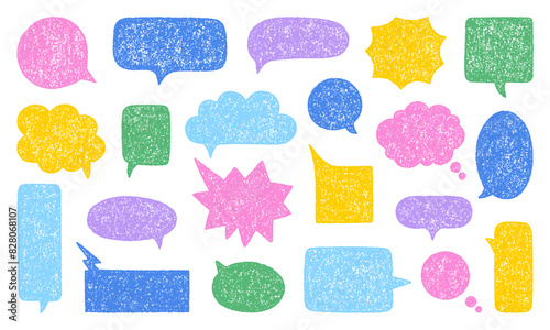 Chalk pencil speech bubbles doodle set. Crayon communication frame, comic talk balloon in sketch style, Grunge texture. Hand drawn vector illustration isolated on white background