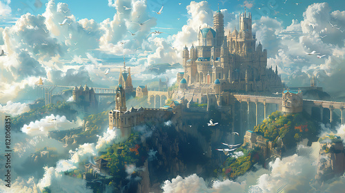 illustration of a magical castle floating in the sky with towering spires floating islands and mystical creatures soaring through the clouds in a realm of wonder and enchantment photo