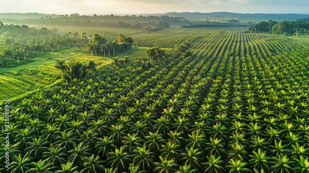 aerial view panorama of a vast oil palm plantation, emphasizing the orderly patterns of the palm trees and the contrast between the lush green of the palm leaves and the surrounding terrain. aerial view panorama of a vast oil palm plantation, emphasizing the orderly patterns of the palm trees and the contrast between the lush green of the palm leaves and the surrounding terrain.