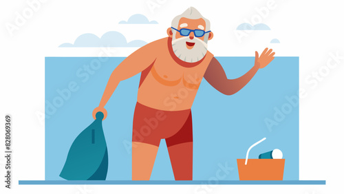As he prepares to go for a swim an older man puts on his waterproof smarch eager to see how many laps he can complete.. Vector illustration