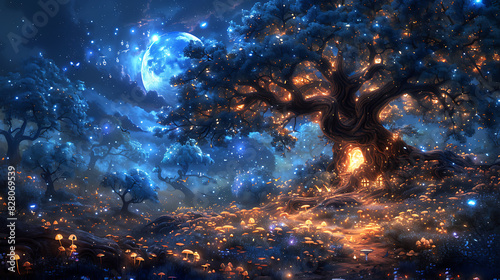 illustration of a magical forest illuminated by the light of a full moon with ancient trees glowing mushrooms and mystical creatures emerging from the shadows to roam beneath the stars photo