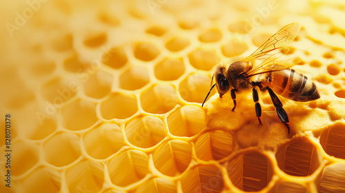 A bee on honeycomb. Banner, flyer or card concept for apiary and honey advertising