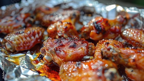 Hot spicy bbq honey chicken wings on foil. Stiky roasted wings in chili marinade, sweet-spicy taste. Generative Ai.