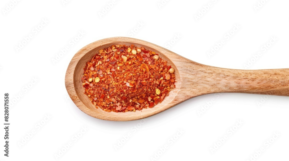 Top view of paprika seasoning in a wooden spoon on a white background Top view of paprika seasoning in a wooden spoon on a white background