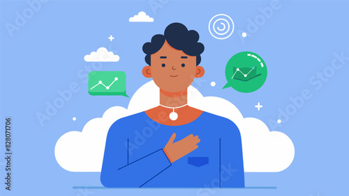 During a break at work a person taps on their collarbone as they reflect on their goals and desires using EFT to align their thoughts and emotions with their aspirations.. Vector illustration