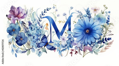 Floral Art: Blue Flowers and Butterfly with the Letter 'M' © Miva