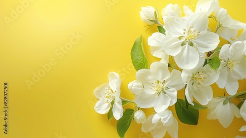 White apple tree flowers in spring on yellow background for Mother s Day Valentine s Day or wedding celebrations