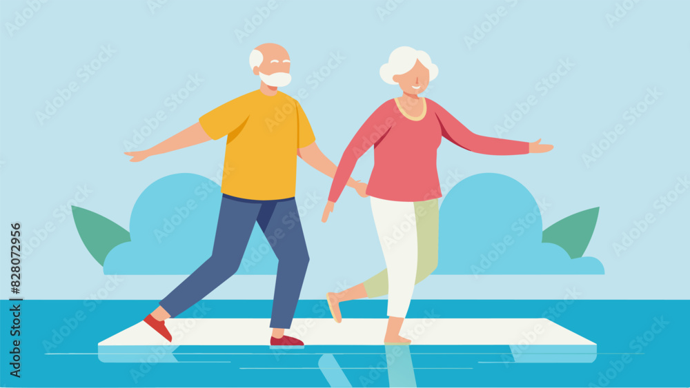 An elderly couple walks side by side in a heated pool holding onto each other for balance as they perform gentle strengthening exercises for their legs.. Vector illustration An elderly couple walks side by side in a heated pool holding onto each other for balance as they perform gentle strengthening exercises for their legs.. Vector illustration