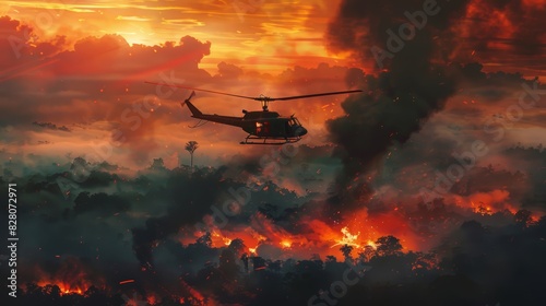 helicopteres arriving in valley, war is going on, explosions photo