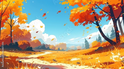 A serene autumn scene unfolds in the forest showcasing vibrant orange trees lush grass a meandering dirt road and sandy clearings This 2d cartoon illustration captures the essence of fall wi