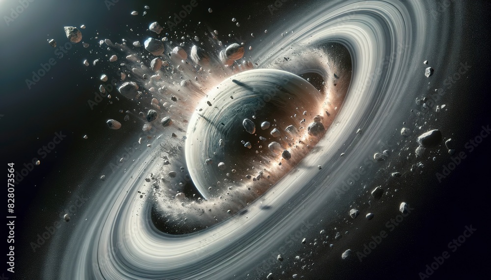 Obraz premium Close-up of planetary ring formation post-collision, swirling debris orbiting a newborn planet.