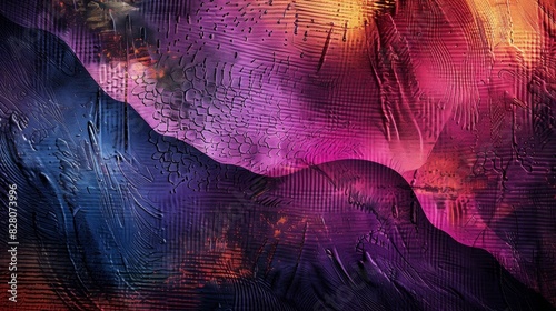 A colorful abstract painting with a purple mountain range in the background