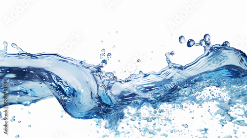 Blue water swirl splash with little bubbles isolated on clear white background  liquid flowing in form of wave