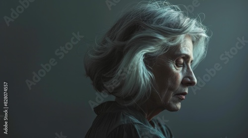 Portrait of a Thoughtful Elderly Woman with White and Gray Hair Looking into the Distance on Dark Background