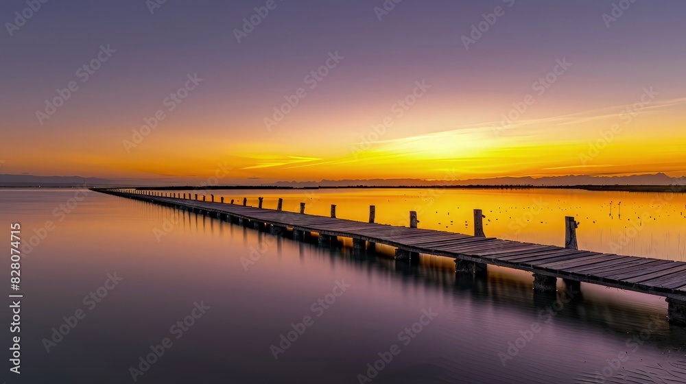Fototapeta premium Wooden boardwalk extending into a calm lake during a serene golden sunset for travel marketing banners and atmospheric nature lifestyle background projects.