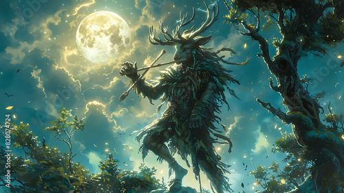illustration of a mystical creature known as a faun with the body of a human and the legs of a goat playing a haunting melody on a pan flute as it dances through a moonlit forest