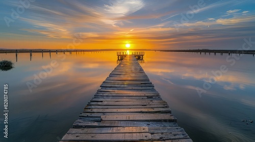 A calming sunset over a long wooden boardwalk in Ciudad Real, with the sky transitioning from golden yellow to deep mauve, reflecting serenely on the watera??s surface. photo