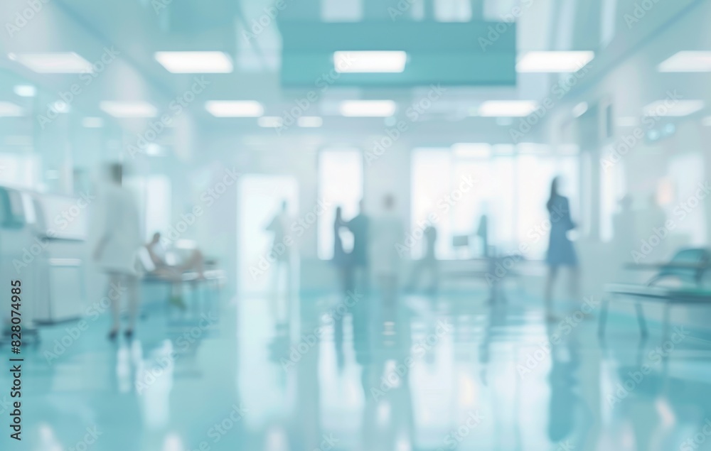 Abstract blurred hospital interior with figures and medical equipment in a light blue color palette. perfect for healthcare banners or modern healthcare advertising Abstract blurred hospital interior with figures and medical equipment in a light blue color palette. perfect for healthcare banners or modern healthcare advertising