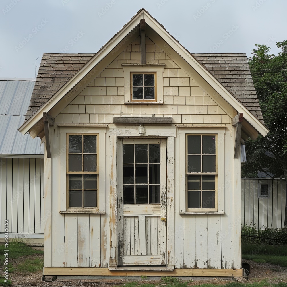 small house, center and widen window on left, higher roof pitch, small square window above door