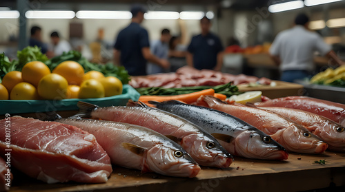 display of tempting fresh meat and fish at the market, festival, and street food