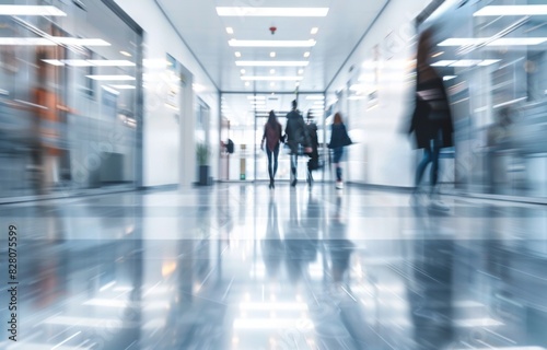 Abstract blurred modern office interior with white walls and glass doors, featuring light reflections on the floor and blurred motion of people walking.  © JH