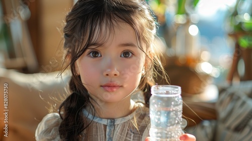 The little  girl was drinking water in the living room on a sunny morning