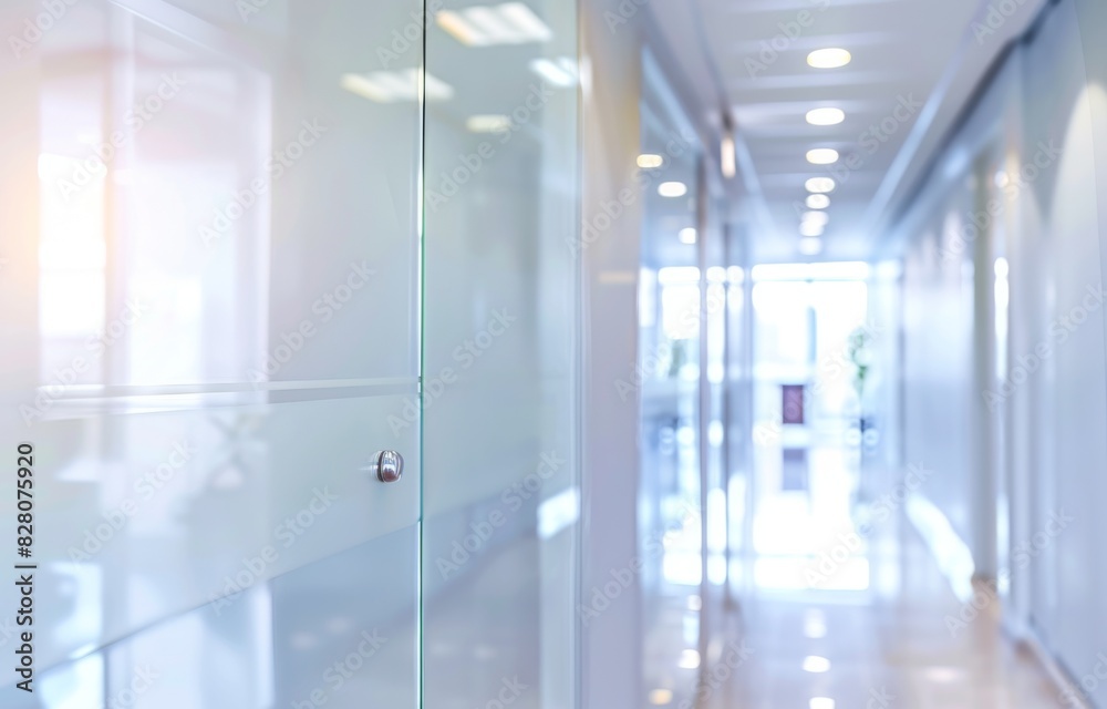 Abstract blurry office interior with white glass door and light reflections, creating a defocused business hall scene. Abstract blurry office interior with white glass door and light reflections, creating a defocused business hall scene.
