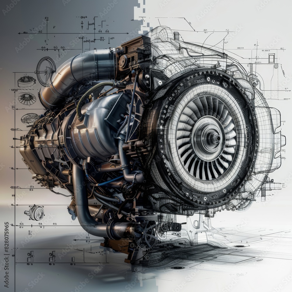 ultra car engine close up, halfe of the image is the engine the other ...