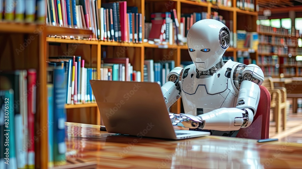 ai robot typing on laptop in library ai robot typing on laptop in library