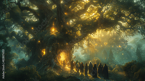 illustration of mystical forest sanctuary inhabited ancient spirits wise druids guardian creatures where travelers seek wisdom healing and enlightenment amidst the whispering trees and sacred groves