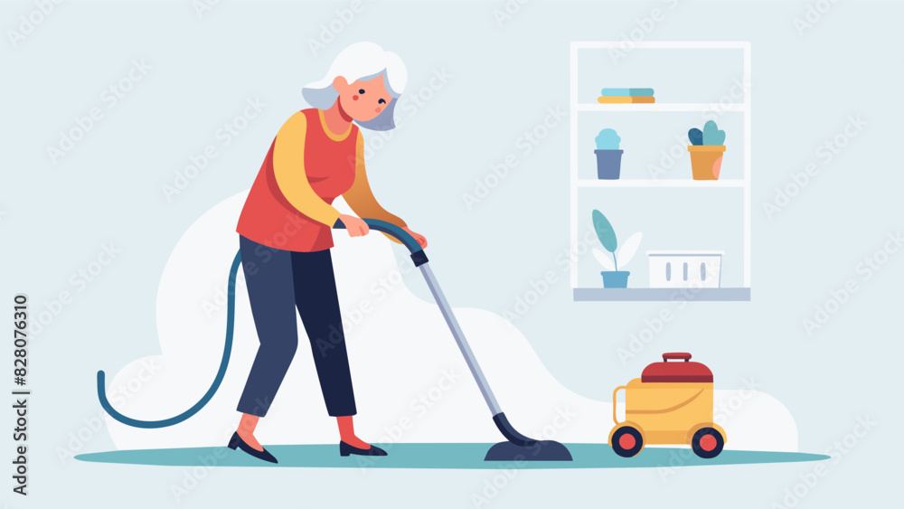 An older woman using a smart vacuum cleaner to easily clean her floors without the strain of traditional cleaning ods.. Vector illustration
