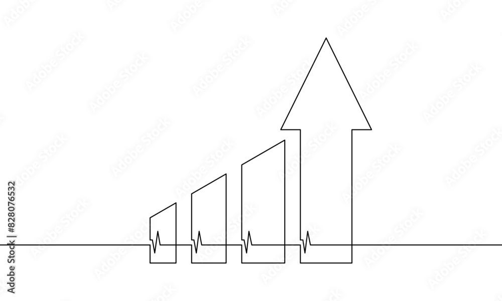 Continuous one line drawing growth finance. Illustration vector of diagram with arrow up. Growth business icon. Bar chart sign symbol. Single line art of inceasing arrow design Continuous one line drawing growth finance. Illustration vector of diagram with arrow up. Growth business icon. Bar chart sign symbol. Single line art of inceasing arrow design