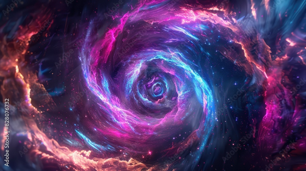 Dynamic holographic vortex swirling with neon lights and cosmic energy