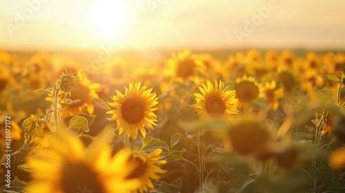 Sunflower field for oil extraction with blurred background and room for text placement