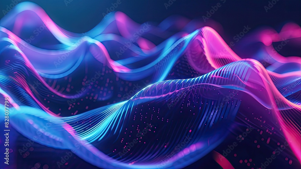 Fototapeta premium Futuristic holographic waves in vibrant neon colors pulsating against dark background