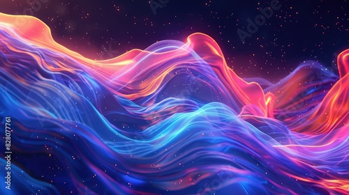 Futuristic holographic waves in vibrant neon colors pulsating against dark background