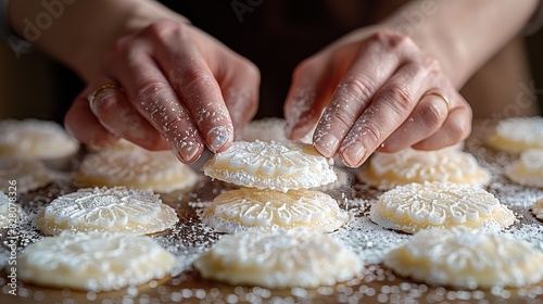 A close-up of a woman's hands making Eid sweets  photo