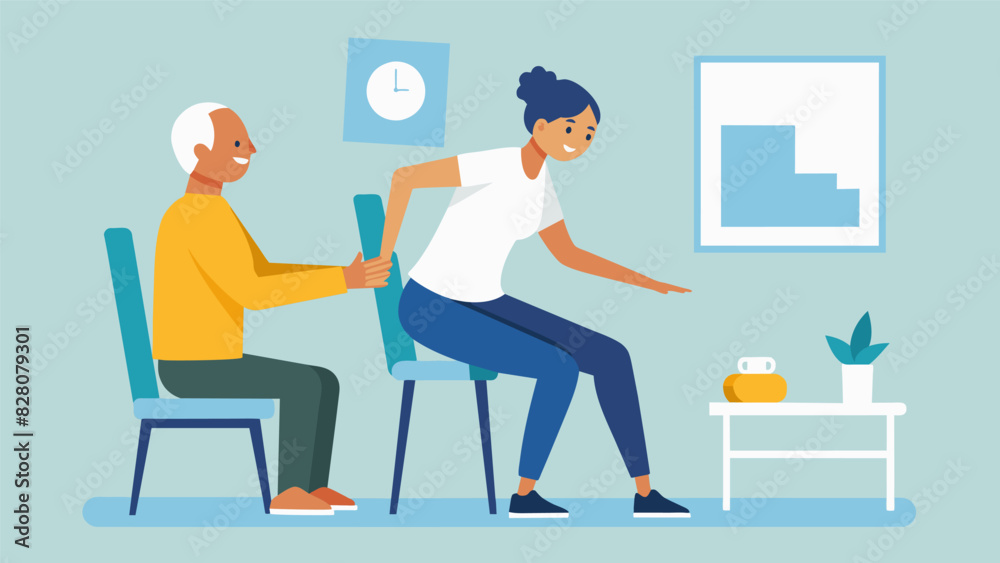 A the guiding a senior through a series of chair exercises to improve overall mobility and strength.. Vector illustration A the guiding a senior through a series of chair exercises to improve overall mobility and strength.. Vector illustration