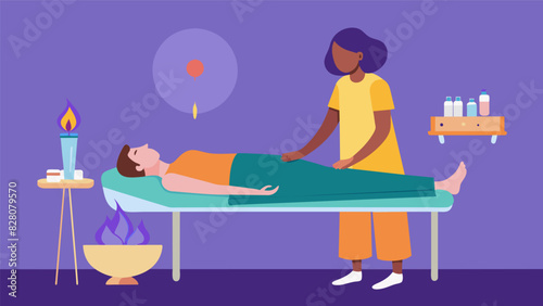 A person lies on a massage table covered in a warm blanket as a practitioner uses tuning forks to stimulate and balance their chakras.. Vector illustration