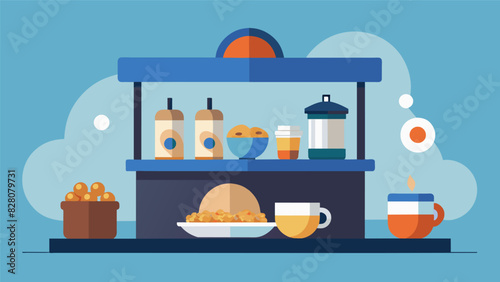 The snack bar also serves as a makeshift breakfast station offering overnight oats boiled eggs and homemade energy balls for those who skipped. Vector illustration photo