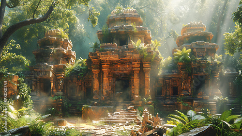 illustration of a mystical temple hidden deep within a jungle with crumbling ruins intricate carvings and ancient artifacts containing the secrets of a lost civilization waiting to be unearthed photo