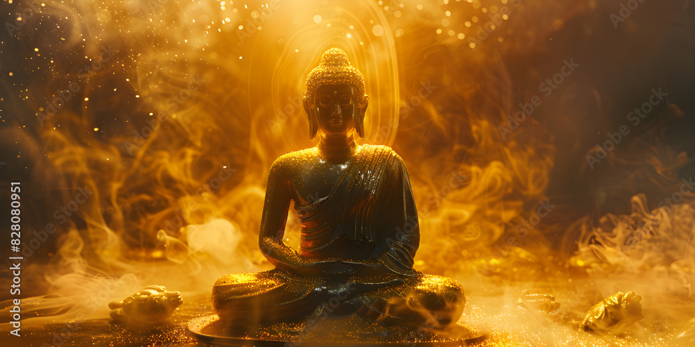 A tranquil Buddha statue surrounded by a glowing yellow aura, evoking a sense of spiritual meditation and transcendence. A tranquil Buddha statue surrounded by a glowing yellow aura, evoking a sense of spiritual meditation and transcendence.